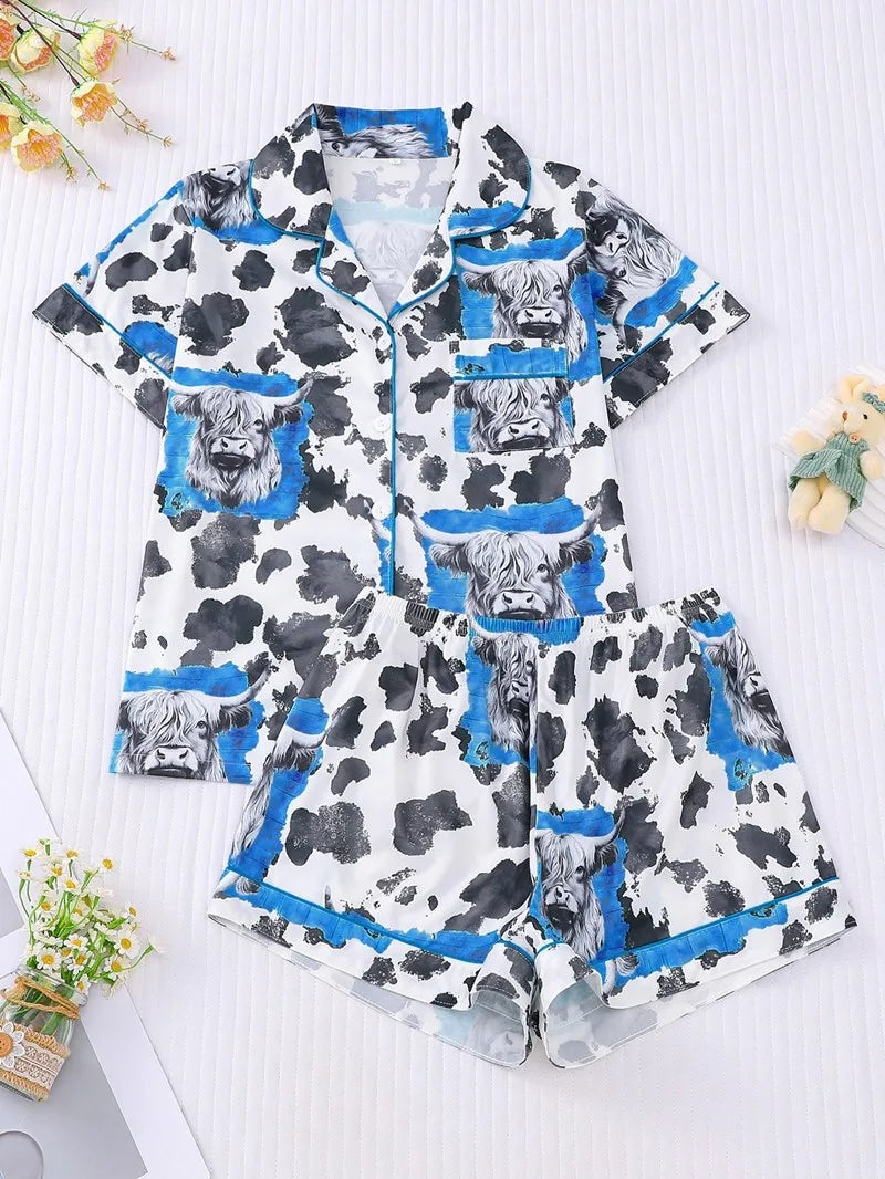 Women Halloween Print Pajama Set Turn‑down Collar Short Sleeve Button Down Shirt + Shorts Sleepwear Ladies Home Loungewear Suit
