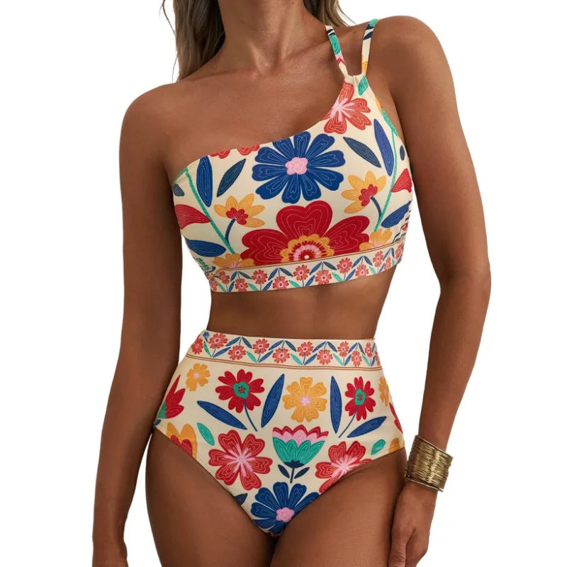 Women Sexy High Waist Split Swimsuit Lace Up Floral Bikini Set Summer Two-piece Beachwear Bathing Suit Thong Biquinis