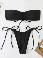Sexy Bandeau Bikini Swimwear Women Red Black Pleate Lace Up Swimsuit 2024 Cut Out Beach Bathing Suit Tie Side Thong Bikinis Sets