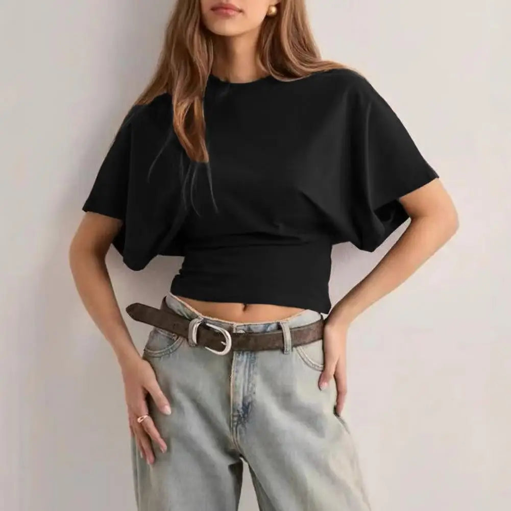 Women Solid Color Round Neck T-Shirt Breathable Casual Top Summer Short Sleeve Pullover Tee for Work Daily Wear Parties