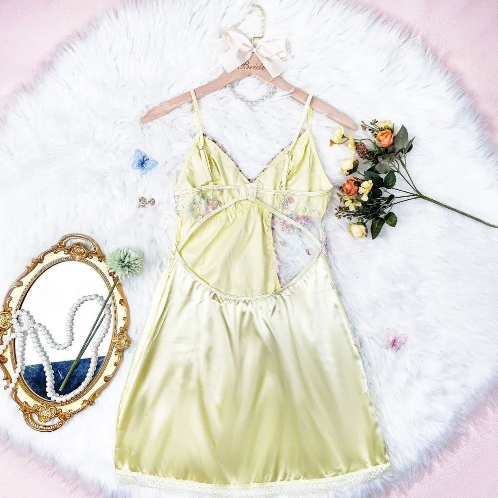Thin Lace Bow Women's Pajama Dress Embroidered Mesh Transparent Ice Silk Suspender Nightdress Split Sleepwear