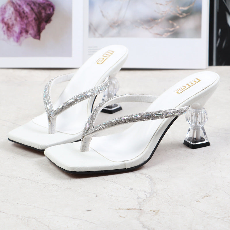 2025 Summer Flip Flops Crystal Slides Women 8cm High Heels Mules Crystal Glitter Block Low Heels Slippers Glitter Platform Shoes