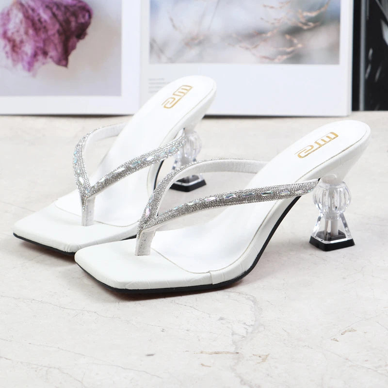 2025 Summer Flip Flops Crystal Slides Women 8cm High Heels Mules Crystal Glitter Block Low Heels Slippers Glitter Platform Shoes