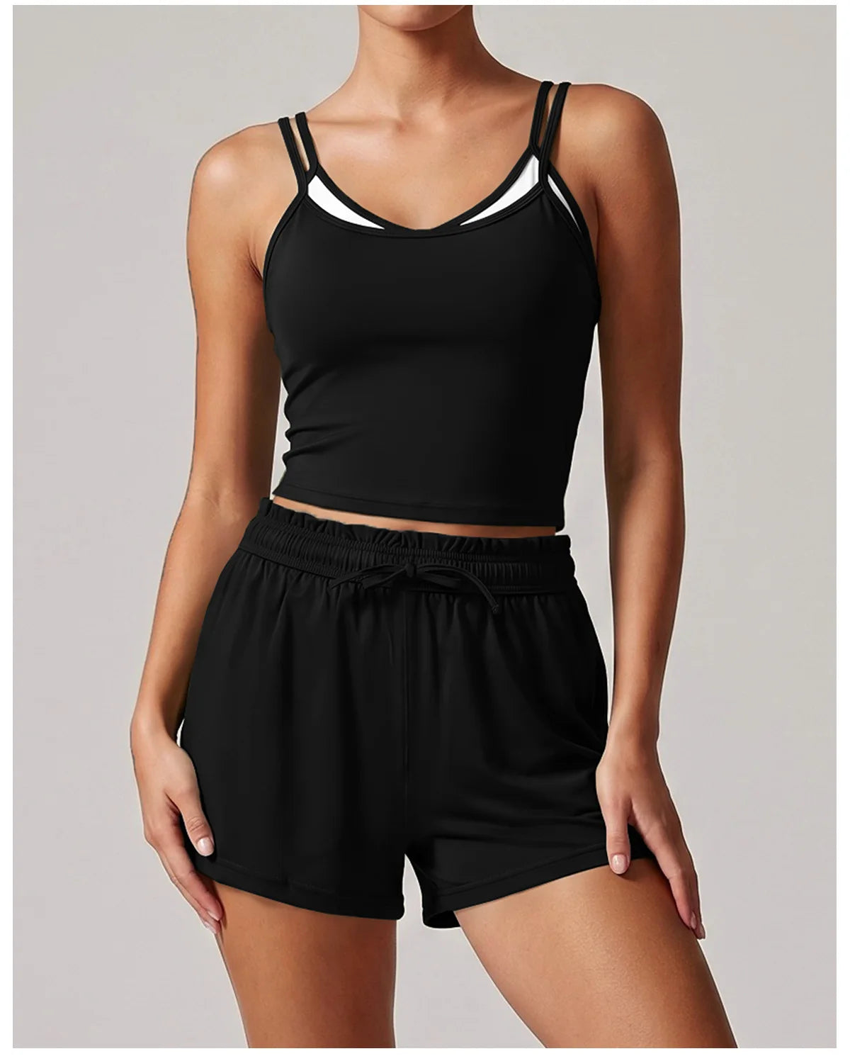 Women's New Summer Yoga Sets Color Blocked Double Strap Workout Tank Top Fitness Suit Drawstring High Waist Short Sport Set