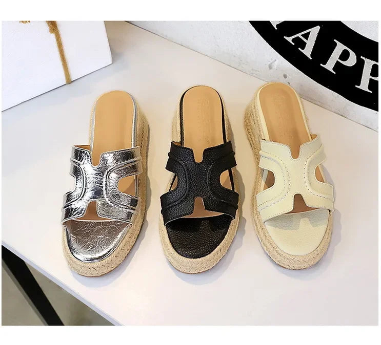 Spring 2025 Women's Slippers Hollow Out Strap Waterproof Thick Heel Woven Rope Country Style Slip-On Shoes Polyurethane Material