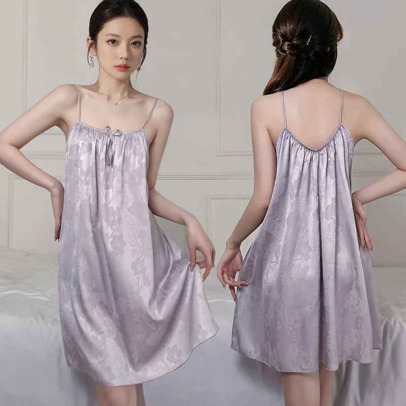 New Fashion Purple Silky Nightgown Women's Floral Print Chemise Spaghetti Strap A-Line Sleepwear Soft Comfortable Nightdress Hot