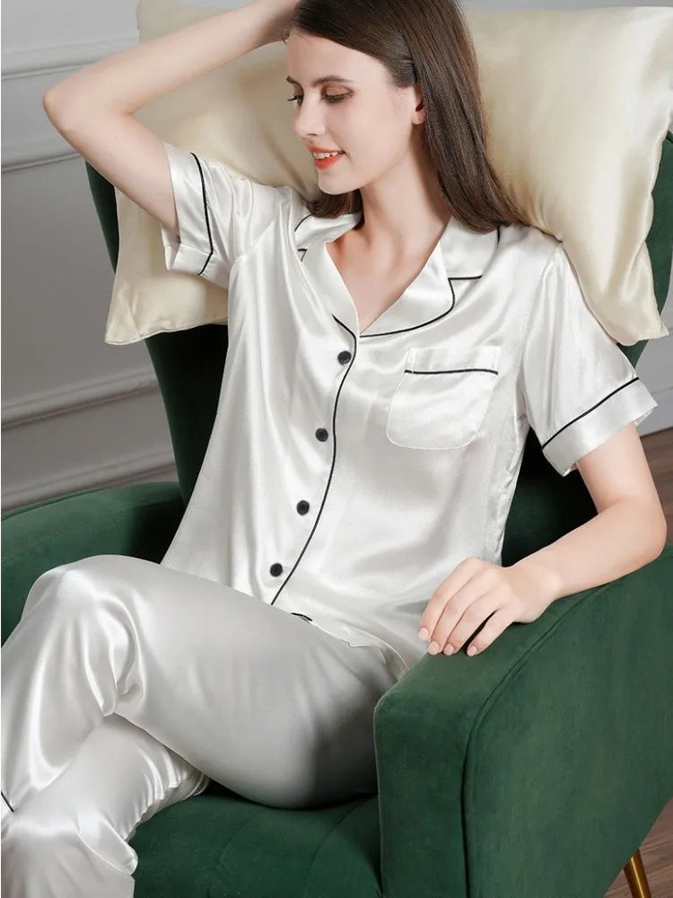 Autumn Winter Stain Silk Pajamas Set for Women Casual Soft Breathable and Relaxed Fit Shirt Tops and Long Pants Sleepwear