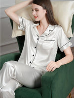 Autumn Winter Stain Silk Pajamas Set for Women Casual Soft Breathable and Relaxed Fit Shirt Tops and Long Pants Sleepwear