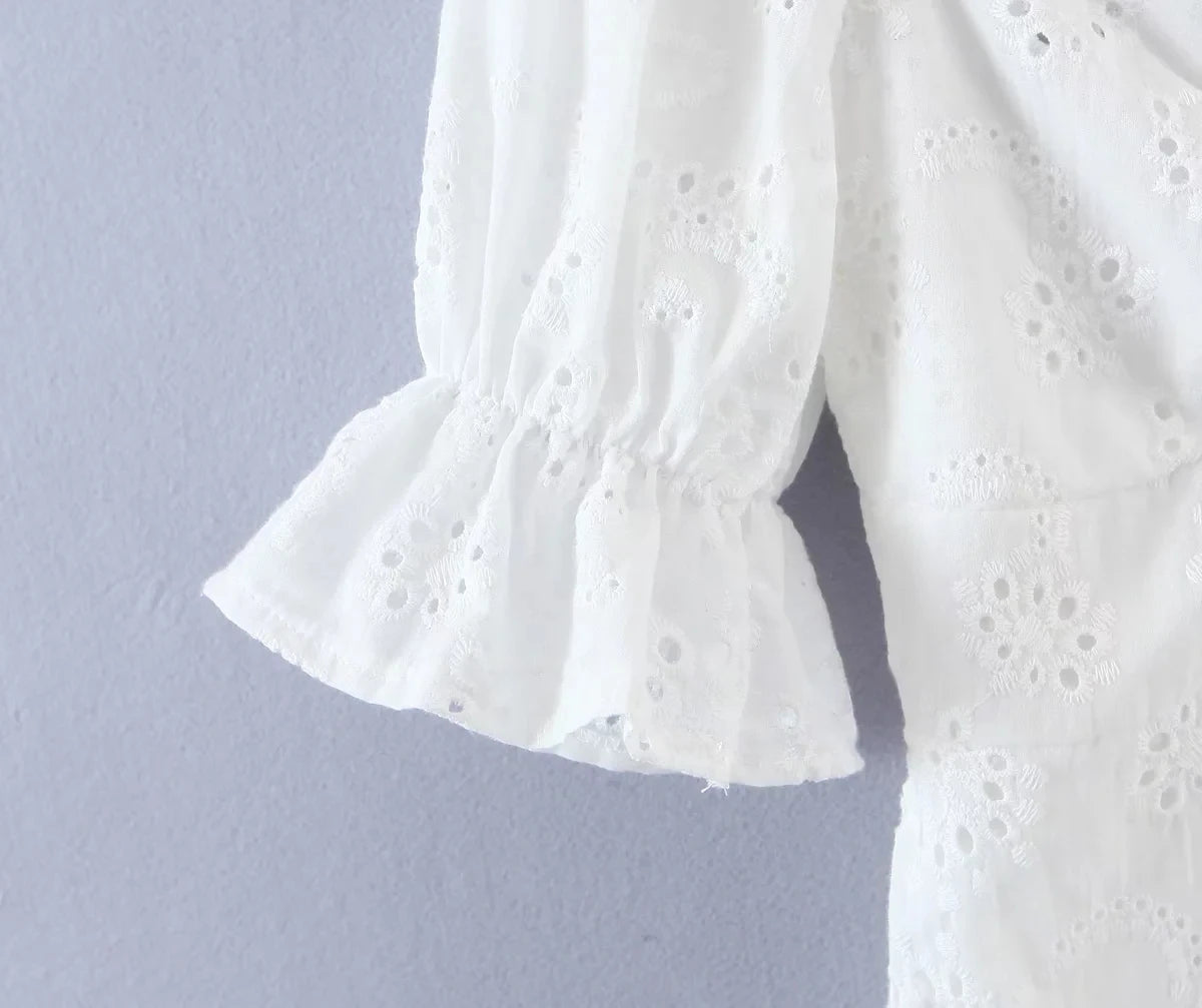 Foridol Ruffles Puff Sleeve White Lace Dress Flower Embriodery Hollow Out Cotton Beach Dress Women Backless Party Mini Dress