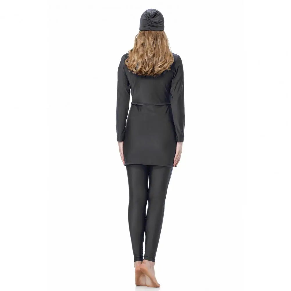 3Pcs/Set Women Split Swimsuit Front Skirt Secure Zipper Closure UV Protection Tops Long Swimming Trousers Set With Headscarf