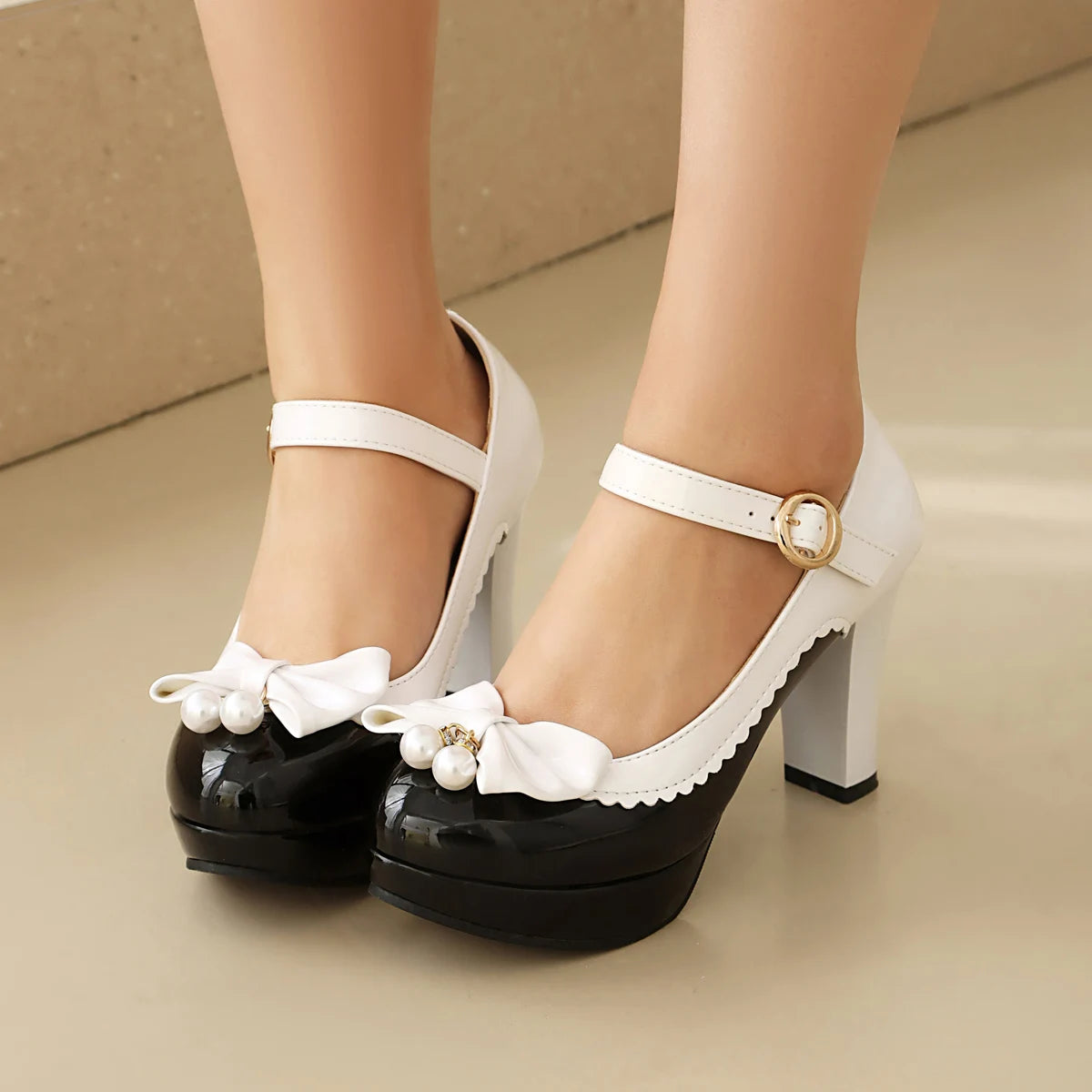 Women Lolita Style Patent Leather Bow Shoes 9.5cm High Heels Anti-slip Rubber Sole Platform Pumps Ideal for Parties Daily Wear
