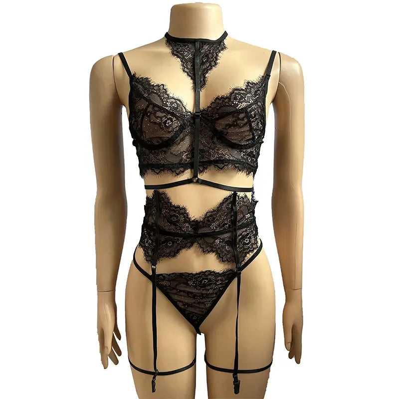 Women's Sexy Lingerie Set - Lace Patchwork See Through Bra & Garter Thongs-2024 Erotic Lingerie Costume