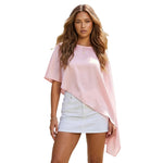 Women Spring Summer Satin Asymmetrical Hem Poncho Solid Color Round Neck Loose Shawl Wraps Cape Tops