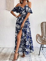 New Summer Women Print Dress 2025 Fashion ElegantVacation Party Short Sleeve Slim V-neck Slit Long Dresses Vestidos Para Mujer