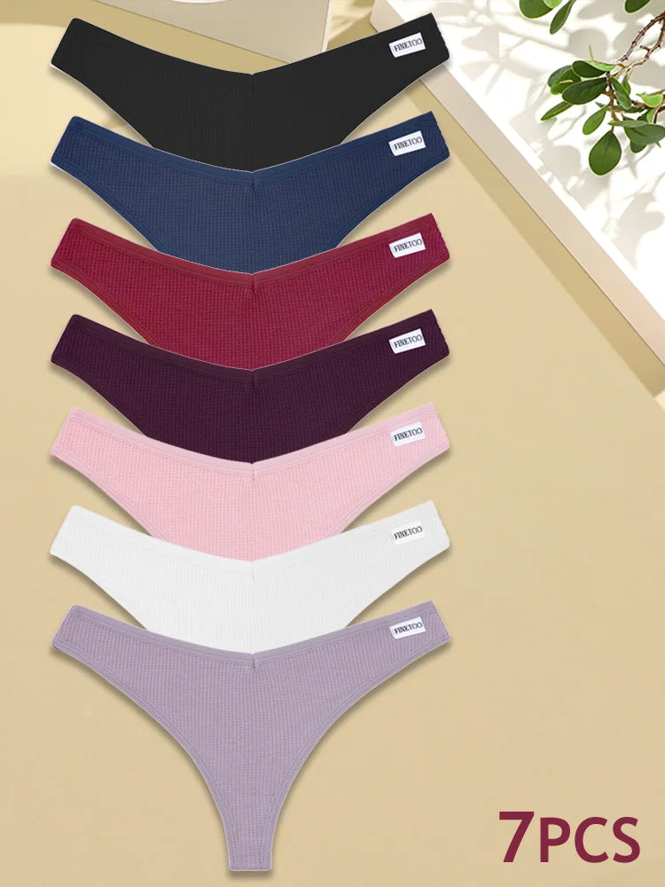 New 7Pcs Women Cotton Waffle Style G-string Panties Ladies Soft Thongs Female S-XL Low-Rise T-Back Panties Bikini Underwear 2024