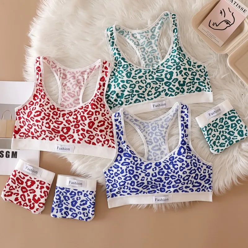 Seamless Bra Set Women Leopard Y-Shape Wireless Bra Low Waist Panties Sexy Lingerie Sport Brassiere Female Underwear Set