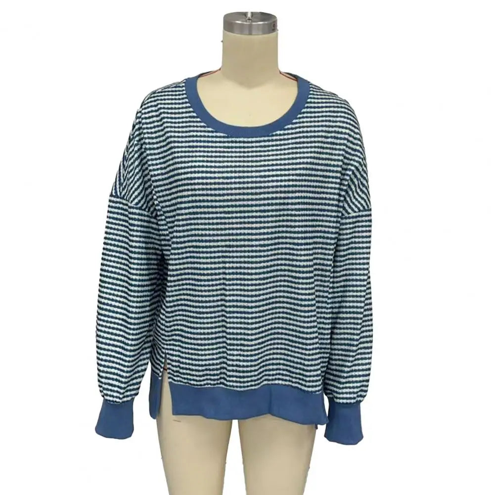 Long Sleeve Crewneck T-Shirt Split Hem Women Striped Oversized Sweatshirt Waffle Knitted Tunic Top Casual Women Sweater