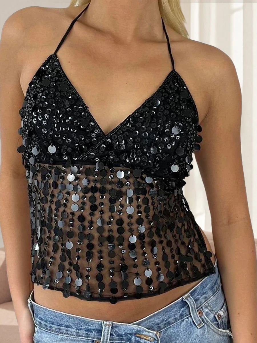 Women's Halter Neck Vest Summer Sleeveless Open Back Slim Fit Tie Up Sequins Tank Tops