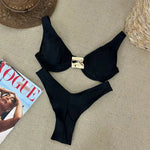 Sexy Black White Bikini Set 2026 Women Metal Ornament Push Up Underwire Bra Thong Swimsuit Beach Holiday Bathing Suit Swimwear
