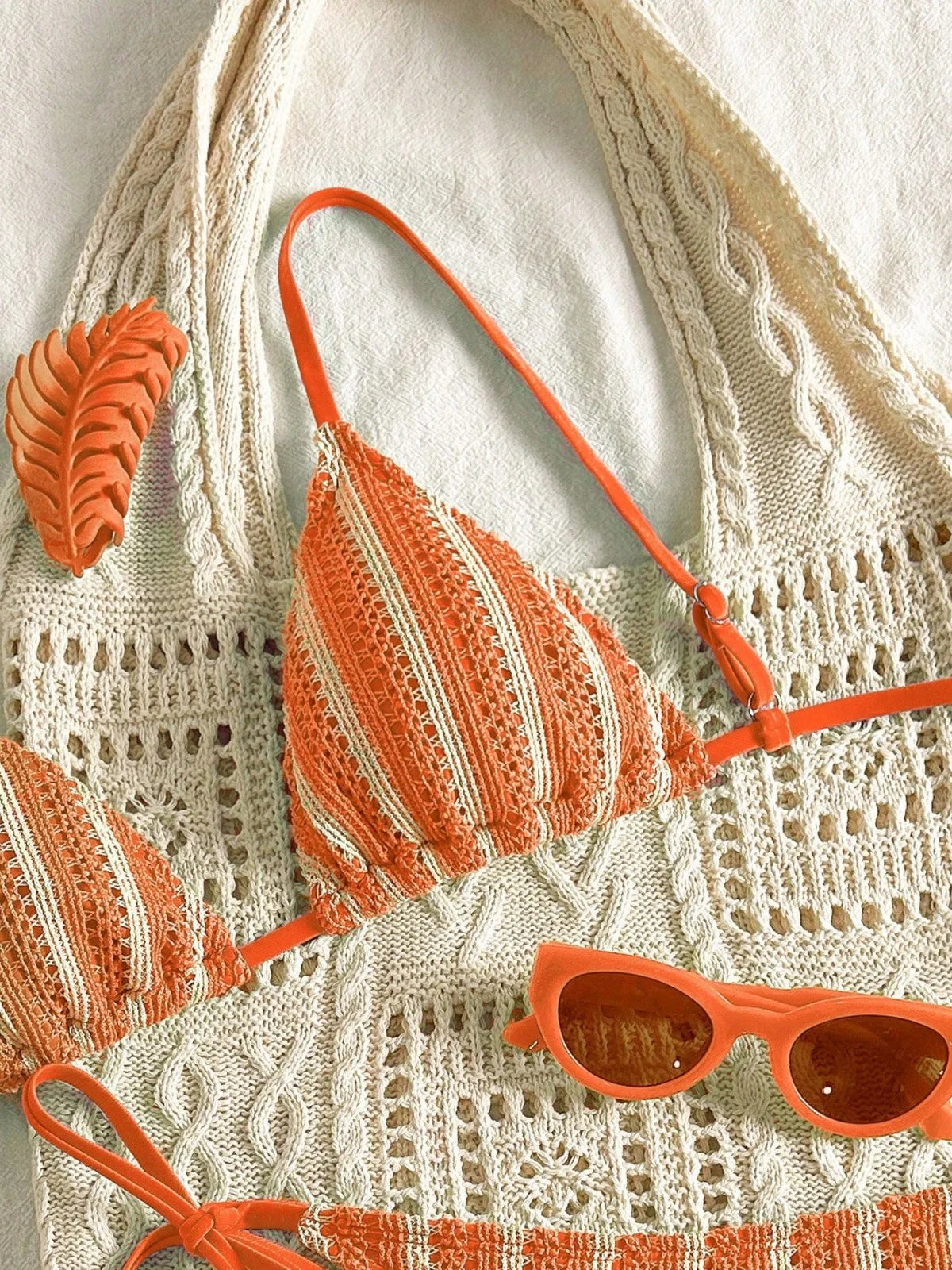 Sexy Orange Striped Bikini Set 2026 Women Halter Push Up Bra Tassel Bandage Thong Swimsuit Summer Holiday Bathing Suit Swimwear
