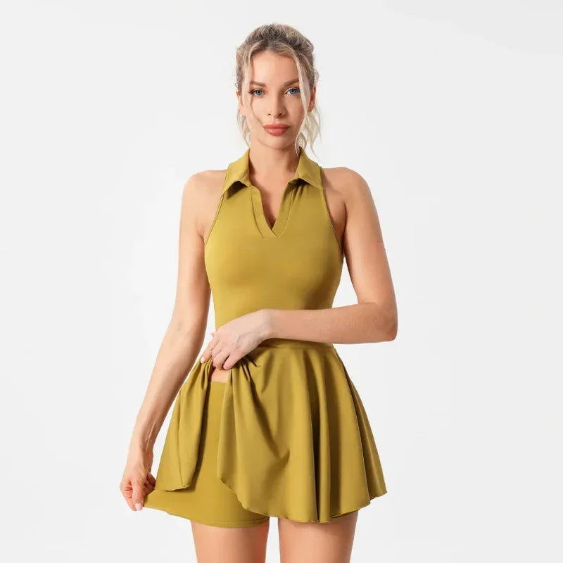 Quick Dry Tennis Dresses Women Turn Down Collar Golf Pleate Skirt Dress Pockets Fitness Shorts 2 Piece Tennis Yoga Suits