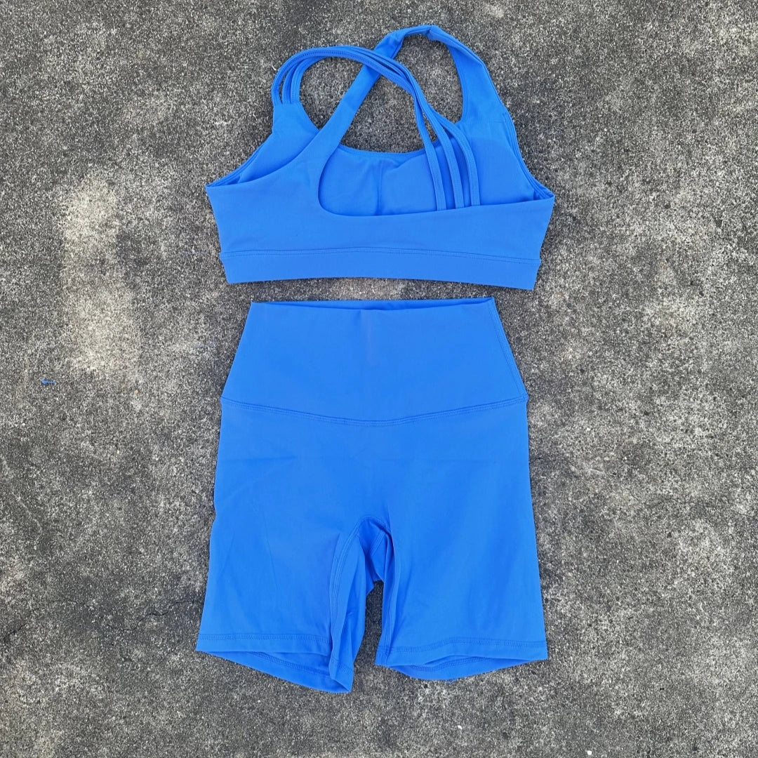 Solid Color Soft Tight Women Gym Yoga Short Legging Cycling Set High Impact Cross Back Shoulder Strap Fitness Sports Bra Workout