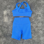 Solid Color Soft Tight Women Gym Yoga Short Legging Cycling Set High Impact Cross Back Shoulder Strap Fitness Sports Bra Workout