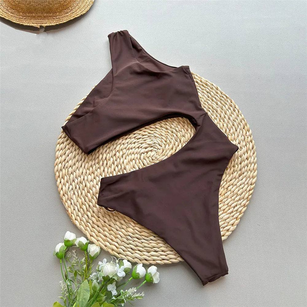 Dark Brown One Shoulder Solid Swimwears Sexy Swimsuit Women One Piece 2026 Hollow Out Monokini Metal Ring Bathing Suit Bodysuit