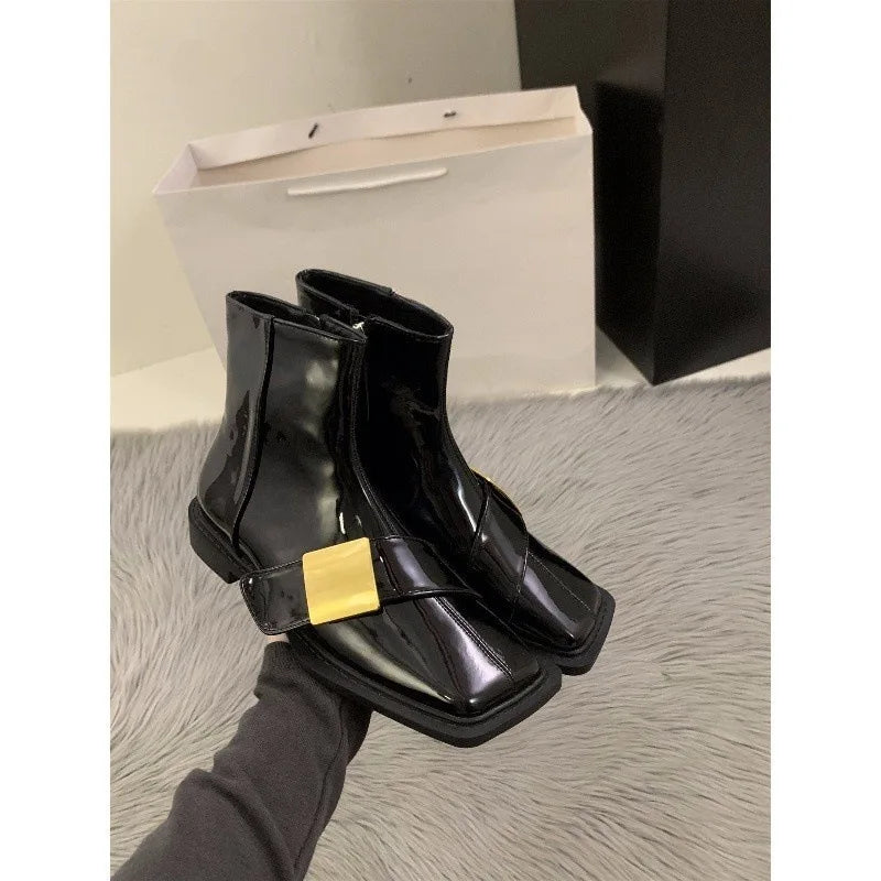 Designer Vintage Women Ankle Boots Fashion Square Toe Shoes Spring Autumn Flats Ladies Short Booties 2025