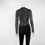 Women Rhinestone Fishnet T-shirt Solid Color Long Sleeve Crop Tops See Through Hollow Out Sexy Shirts Female Smock Tops