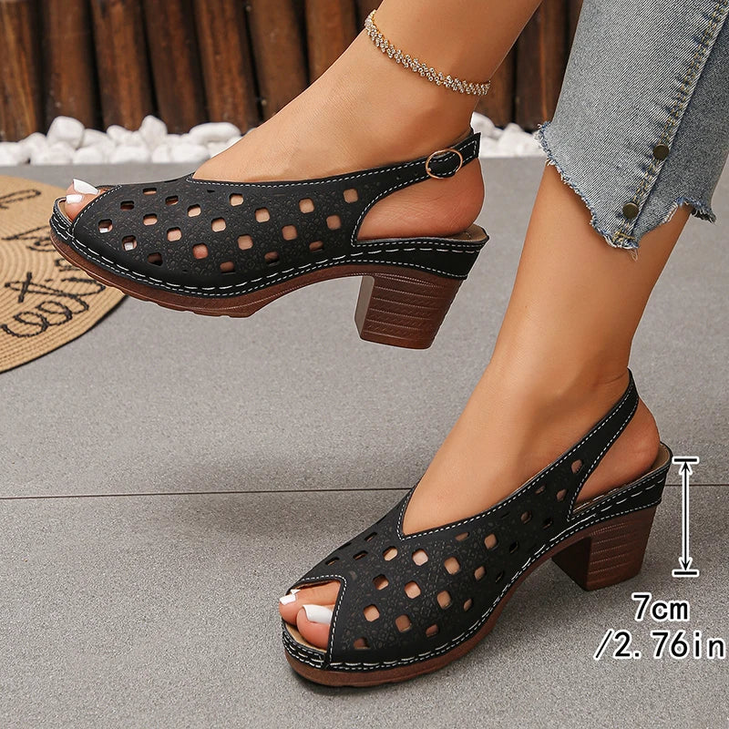 Vinatge Peep Toe Thick Heels Sandals Women Hollow Out Back Strap Rome Sandles Woman Plus Size 43 Lightweight Sandalias Mujer