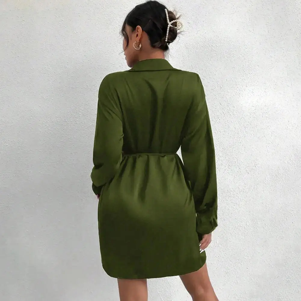 Party Club Short Dress Women's Satin Shirt Dress V Neck Long Sleeve Wrap Dresses Casual Tie Waist Mini Dress