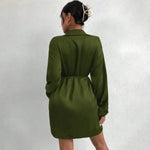 Party Club Short Dress Women's Satin Shirt Dress V Neck Long Sleeve Wrap Dresses Casual Tie Waist Mini Dress