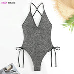 DEKA Sequins One Piece Swimwear Shiny Deep V Swimsuit Female Monokini Sexy Women's Push Up Glitter Swimsuit