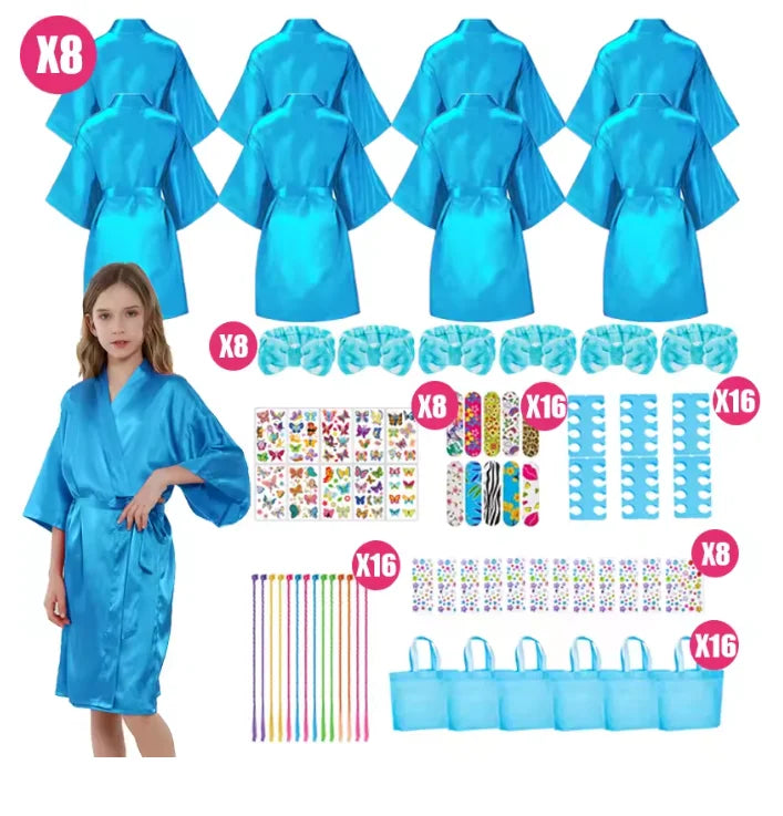 6-15Pcs Spa Party Robes for Girls Supplies Favors Kids Gowns Robe Soft Spa Headband Sleepover Birthday Party