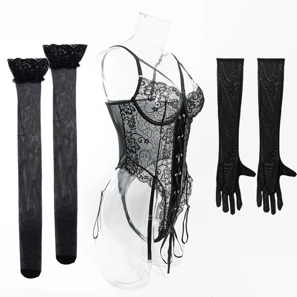 Sexy One Piece Bodysuit Lace Hollow Out Jumpsuit Women Erotic Lingerie Men's Beach Shorts