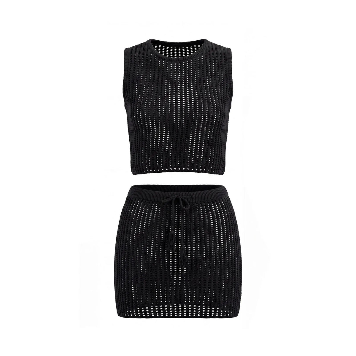 Women Hollow Out Knit Cover-ups Outfit See Through Tank Tops and Drawstring Mini Skirt 2 Piece Sets Daily Casual Beach Summer