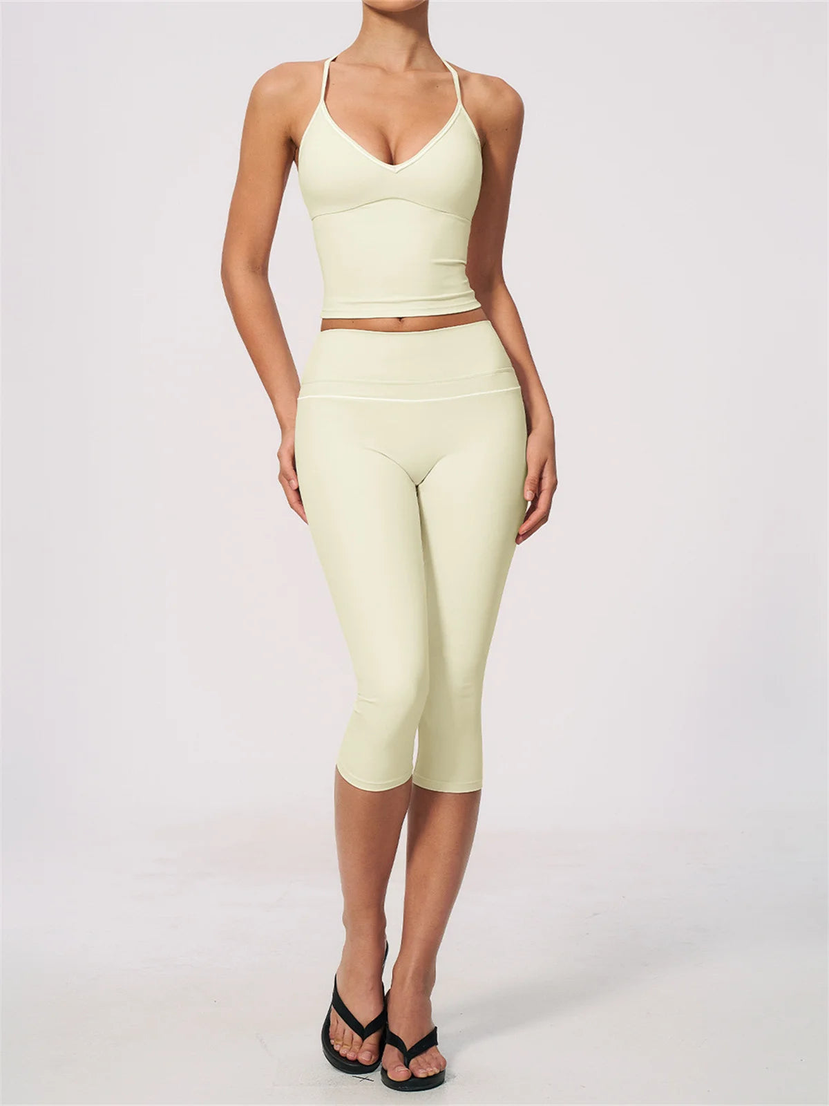 Summer Color Blocking Yoga Suit Women Tracksuit Hanging Neck V Neck Slim Sports Vest Tight Hip Lifting Capri Pants Fitness Sets