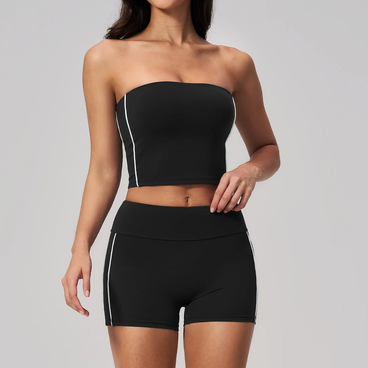 Summer Tight Yoga Suit Women Color Contrast Strapless Slim Sports Tank Top Shorts Fitness Suit Gym Running Workout Tracksuit