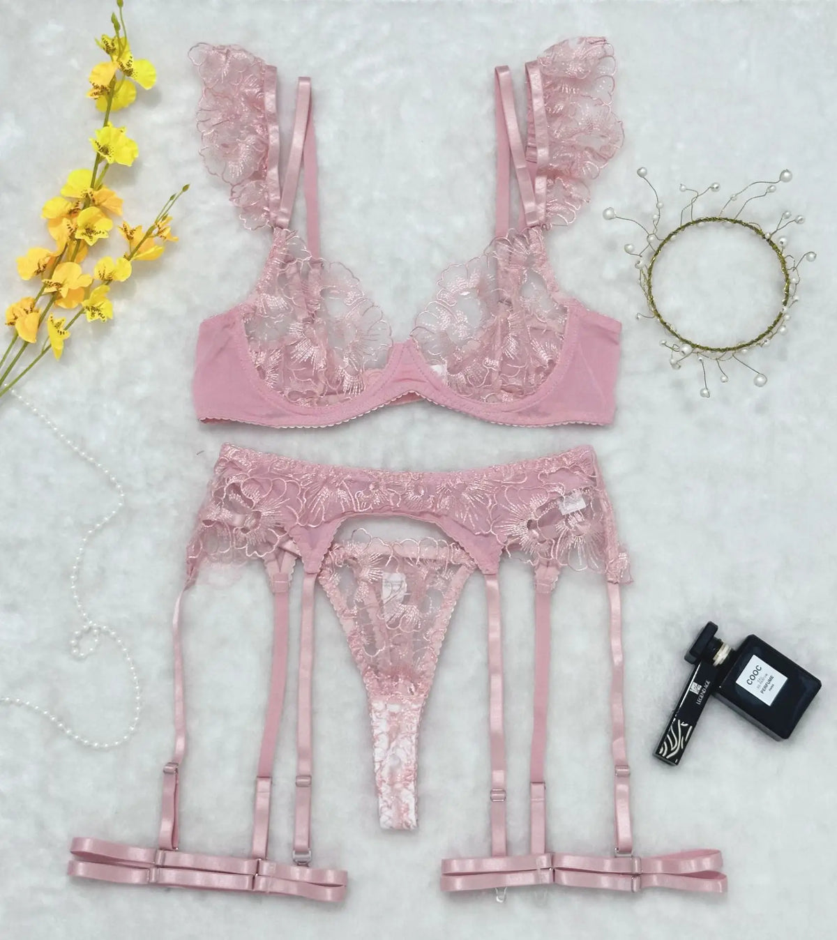 sexy lingerie embroidered see-through mesh bra with underwire four-piece set
