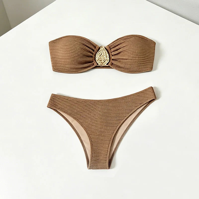 2026 Sexy Bikini Women Coffee Metal Water Droplet Ornament Push Up Mesh Skirt 3 Piece Swimsuit Beach Bathing Suit Swimwear