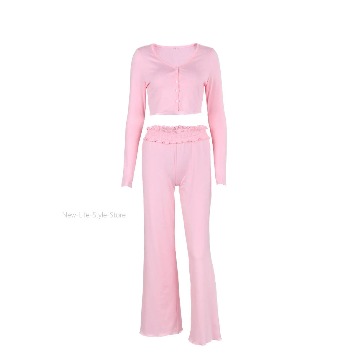 Women 2026 Autumn Winter Knit Pajama Set V Neck Open Front Ruffle Long Pants Two Piece European Style Ladies Homewear Sleepwear