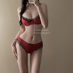 Elegant Red Satin Lingerie Set, Zodiac Inspired Bra Small Chest, Push Up Gathers Anti Sagging, Sensual Lace Bralette Women Tushy