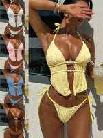Sexy Triangle Bikini Women Summer Hollow Out Bandage Cross Crop Top Tie Side Thong Swimsuit Bathing Suit Holiday Swimwear