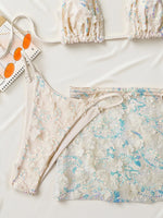Sexy Shiny Sequin Blue White Bikini Set Women 3D Mesh Flower Cover Up 3 Piece Thong Swimsuit Beach Holiday Bathing Suit Swimwear