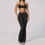 Summer Fitness Suit Women Seamless Hanging Neck Pleate Sports Bra Yoga Sets High Waist Wide Leg Leggings Running Athletic Wear