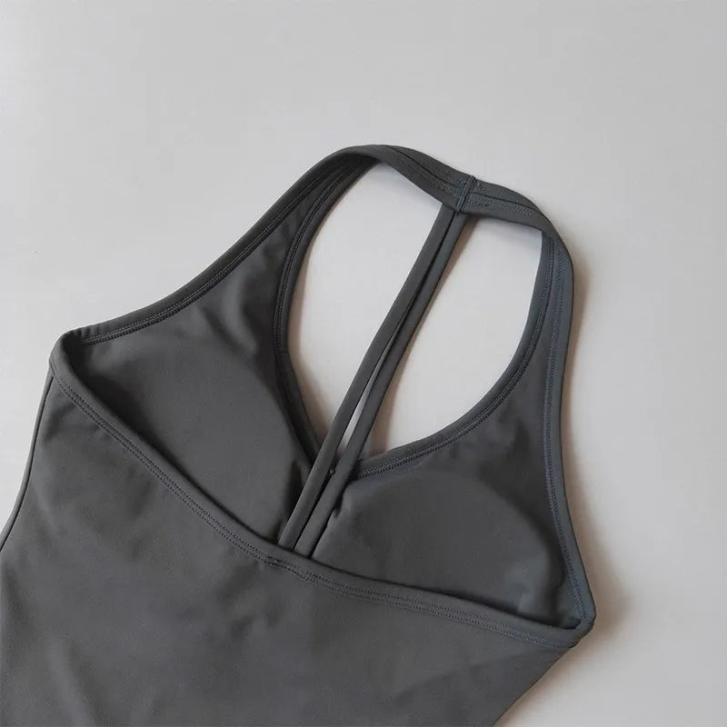 Women's Summer V-Neck Yoga Sports Vest Hanging Back Neck Design Outdoor Running Training Gathered Fit Top for Active Wear