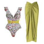 2 Pieces Retro Printed Swimsuit With Cover Up Sexy Women Swimwear 2025 V Neck Bikinis Female Biquini 3XL Bodysuit Beachwear