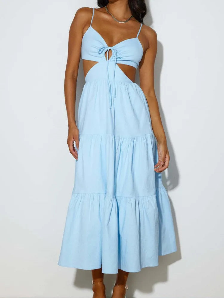 Spaghetti Strap Vacation Long Dress For Women Summer 2025 Fashion Elegant Sleeveless Backless Hollow Out Vestidos Party Dresses