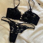 Sexy Lace Flowers Embroidery Lingerie Set for Women Ultra Thin Breathable Bra Button Decoration Underwear French Bras Thong Sets